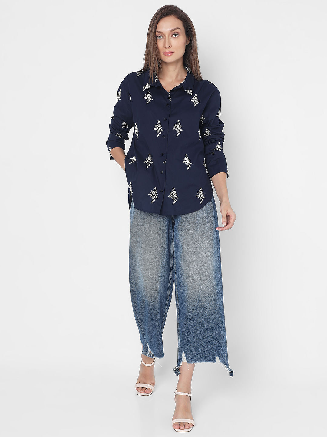 Navy Blue Embroidered Shirt