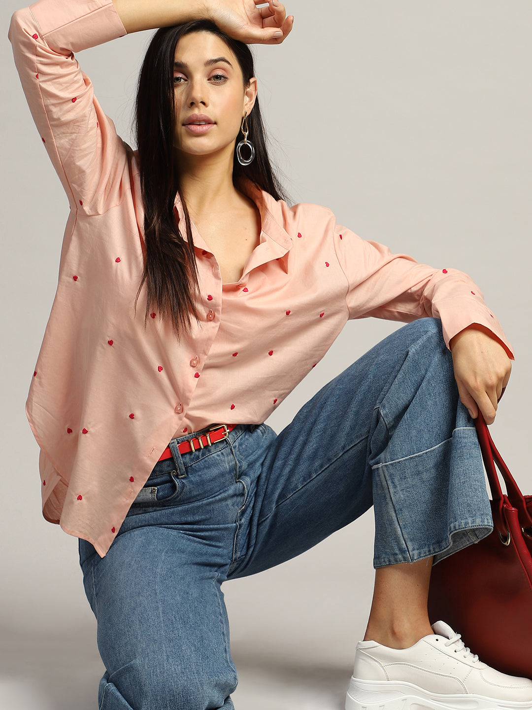 Pink Heart Embroidered Shirt