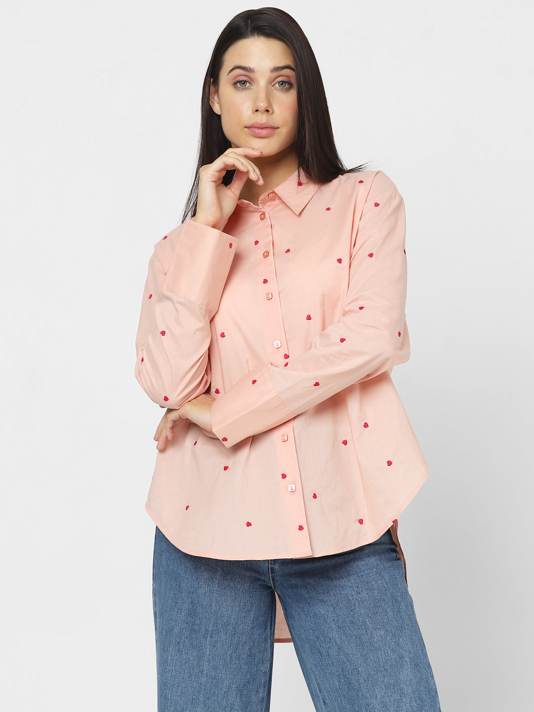 Pink Heart Embroidered Shirt