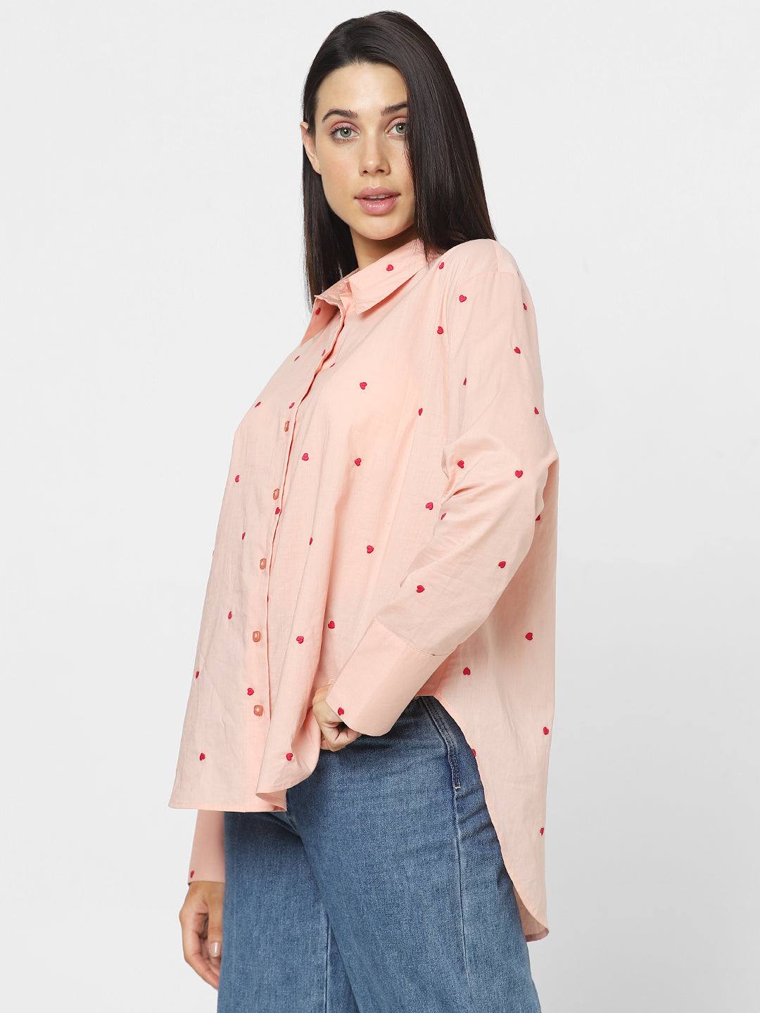 Pink Heart Embroidered Shirt