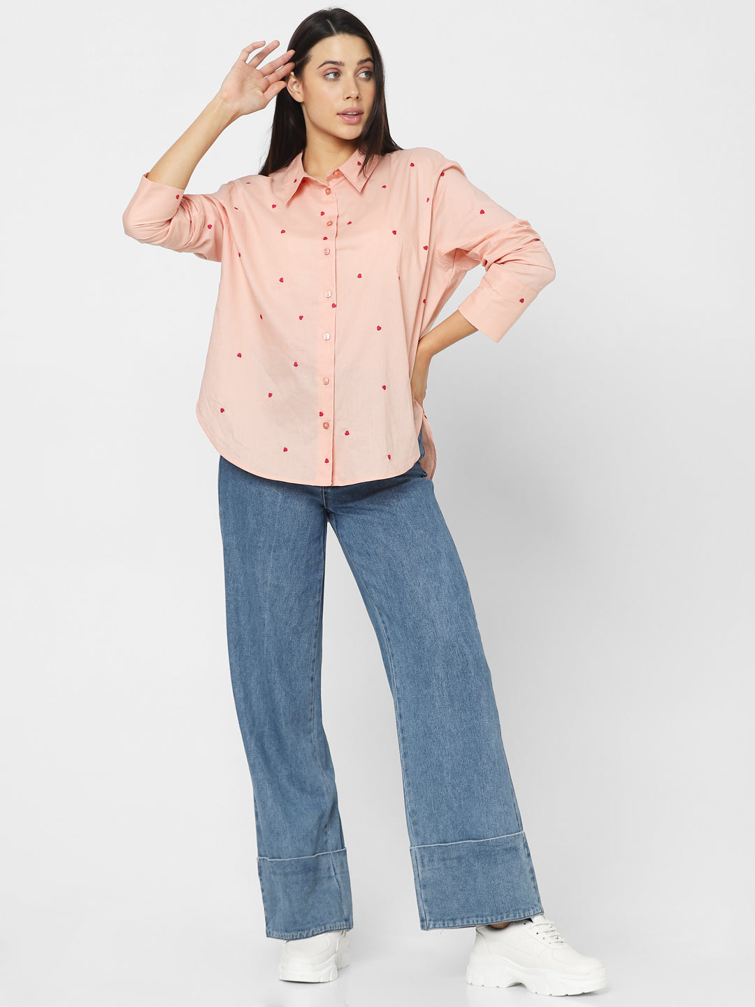 Pink Heart Embroidered Shirt