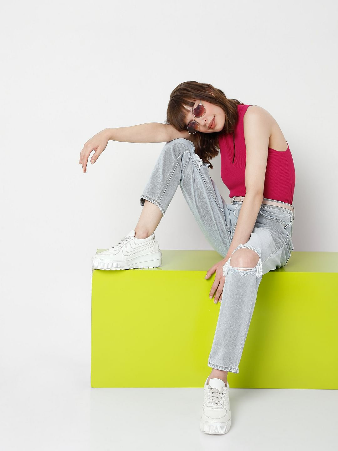 Blue High Rise Ripped Mom Jeans