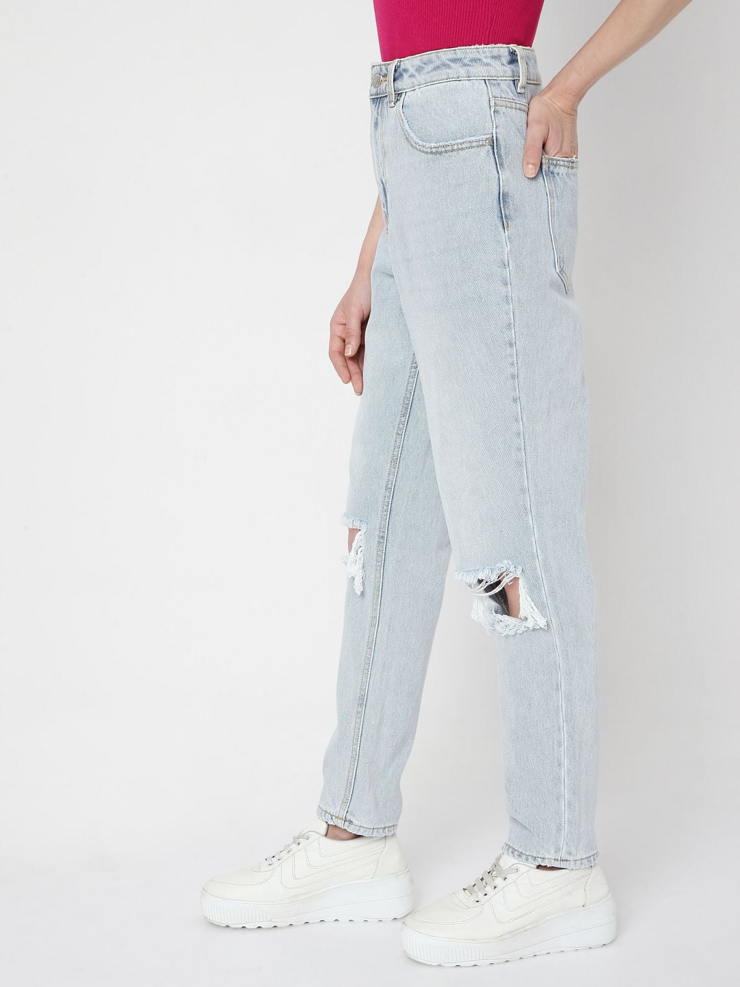 Blue High Rise Ripped Mom Jeans