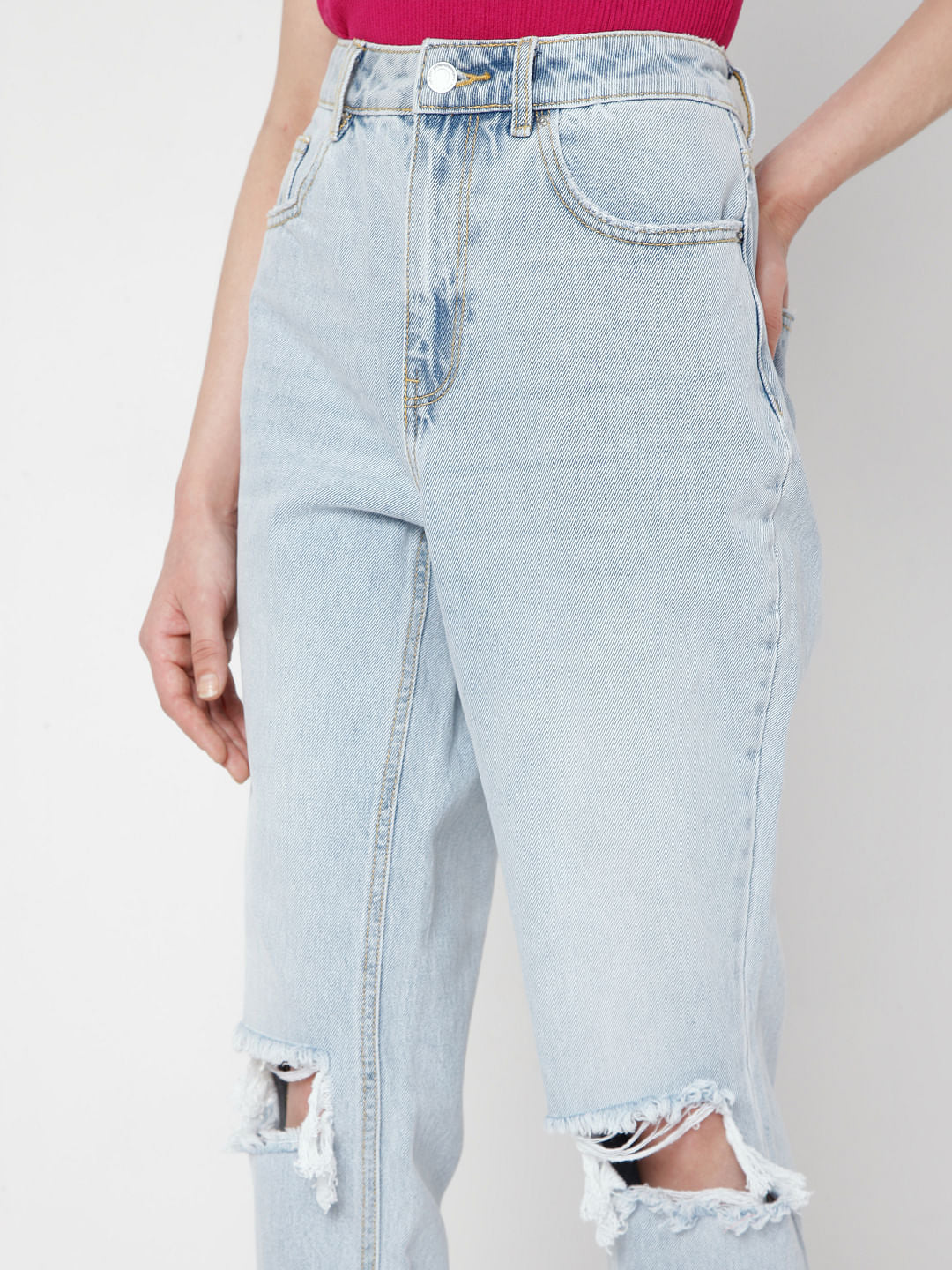 Blue High Rise Ripped Mom Jeans