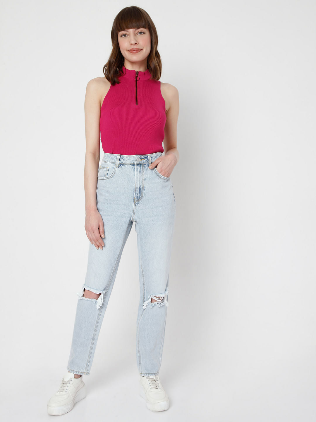 Blue High Rise Ripped Mom Jeans