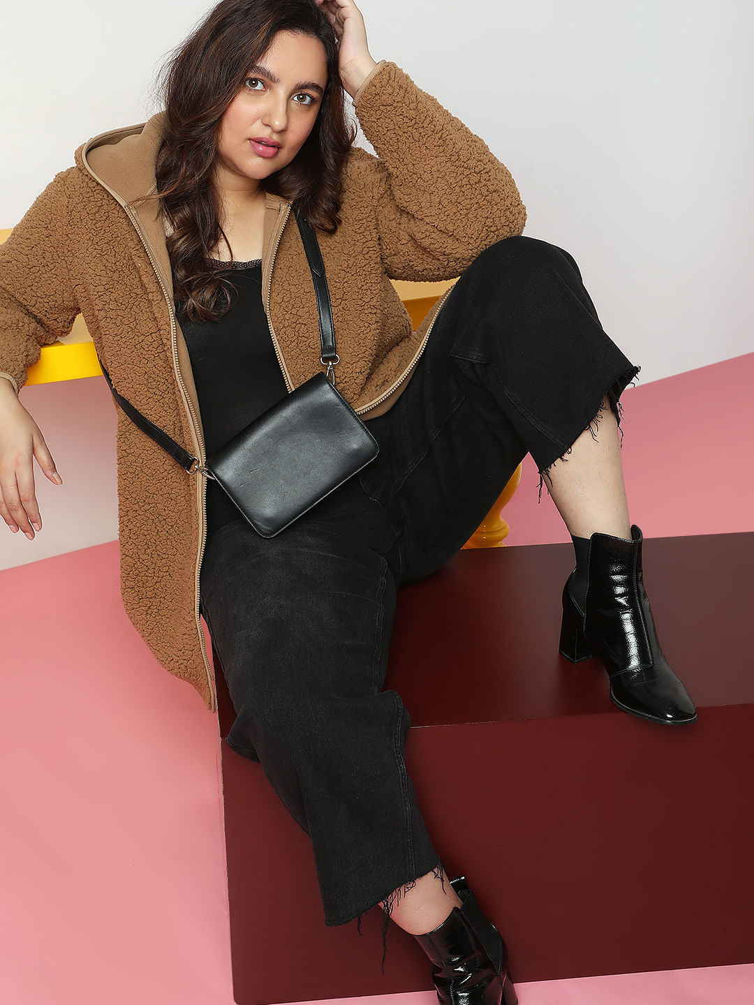 Curve Brown Teddy Hooded Jacket