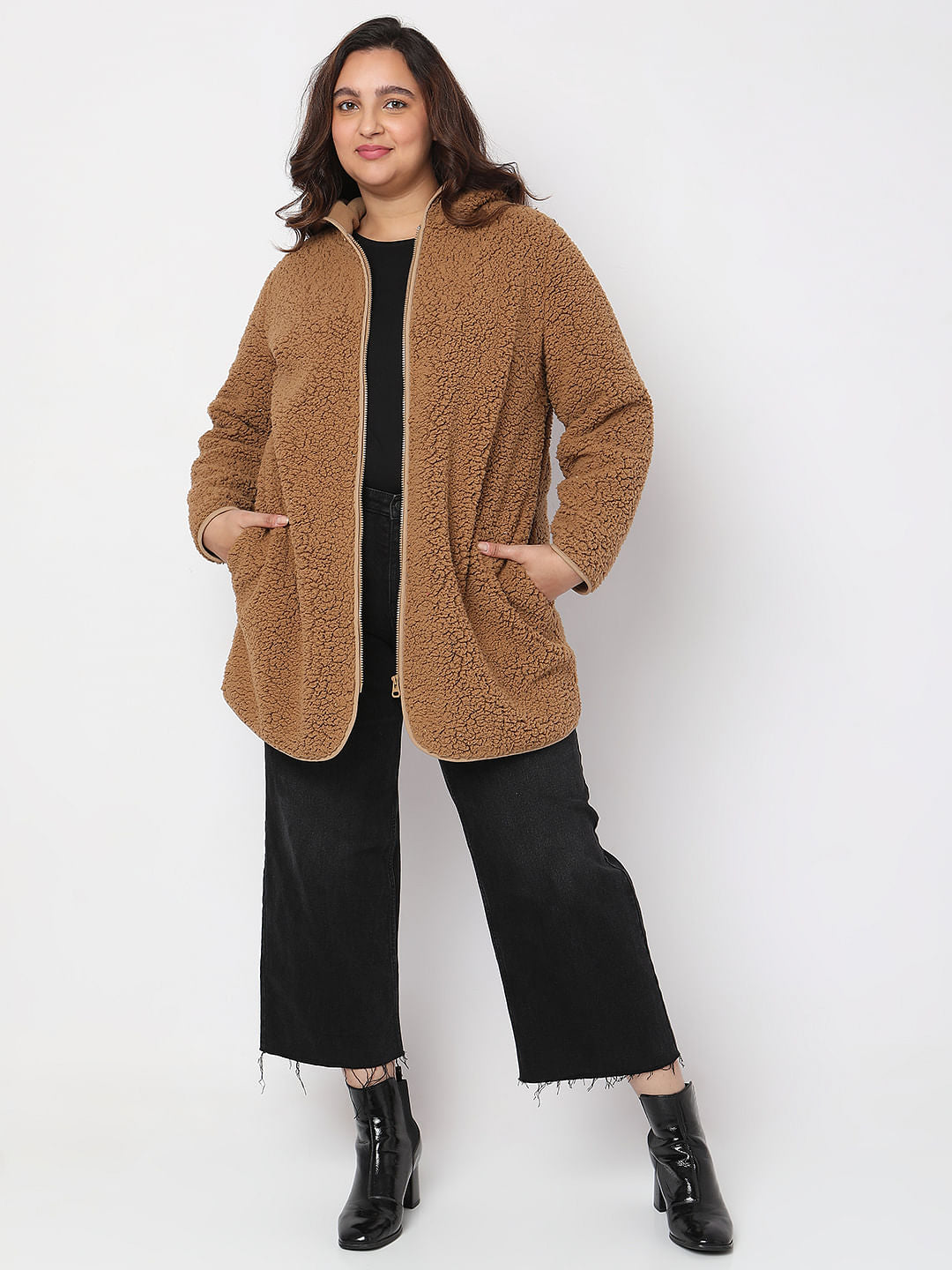 Curve Brown Teddy Hooded Jacket