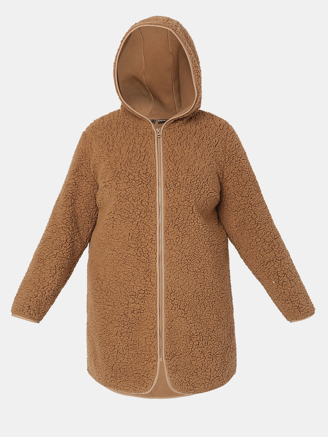 Curve Brown Teddy Hooded Jacket