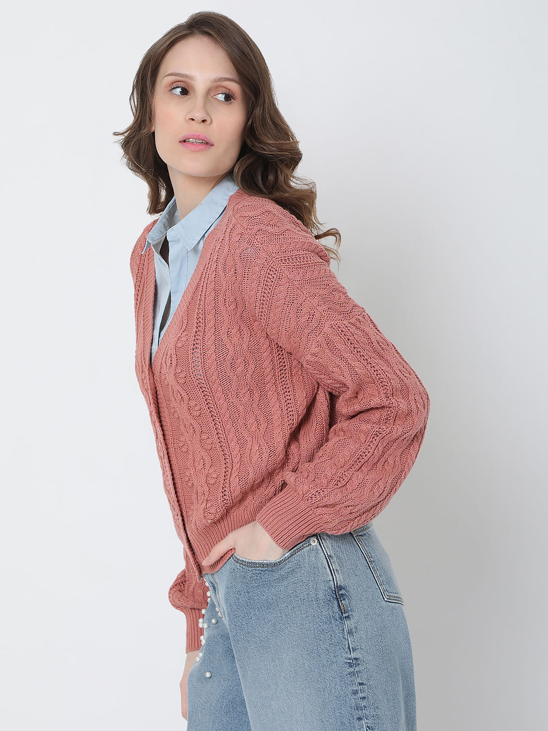 Pink Cable Knit Cardigan