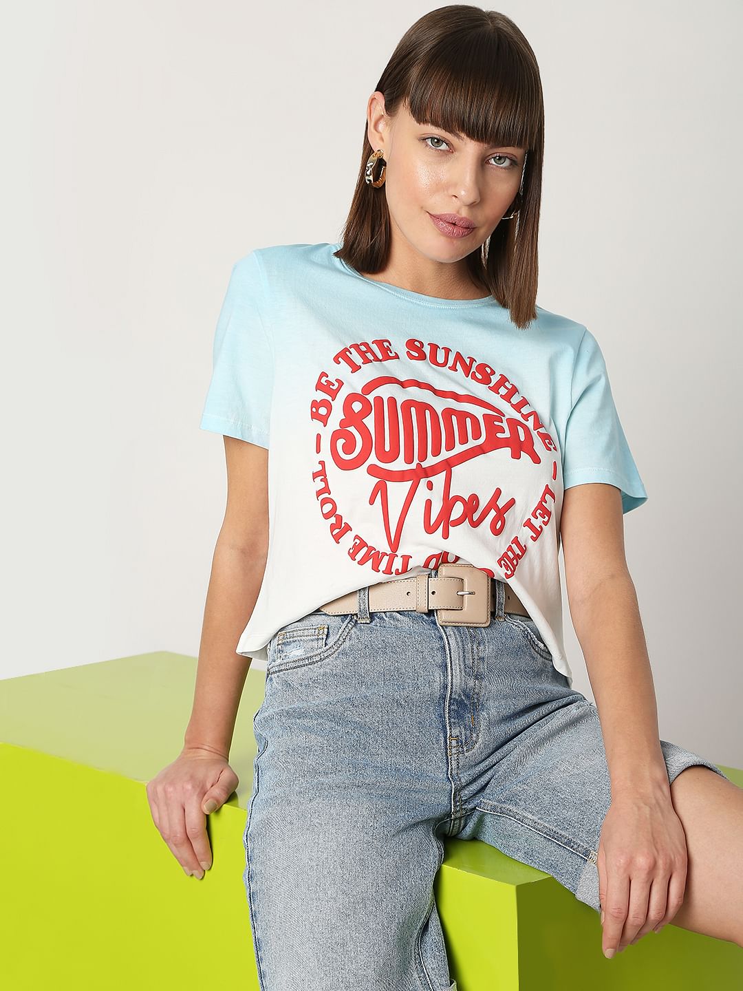 Blue Text Print T-Shirt