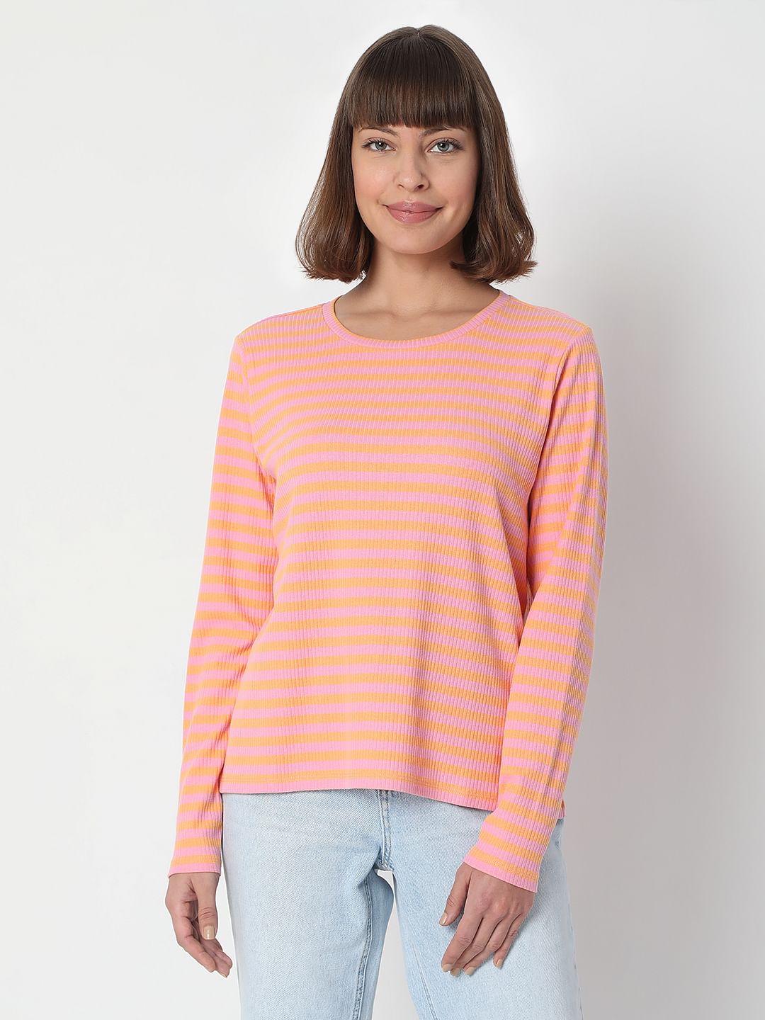 Pink Striped Full Sleeves T-Shirt