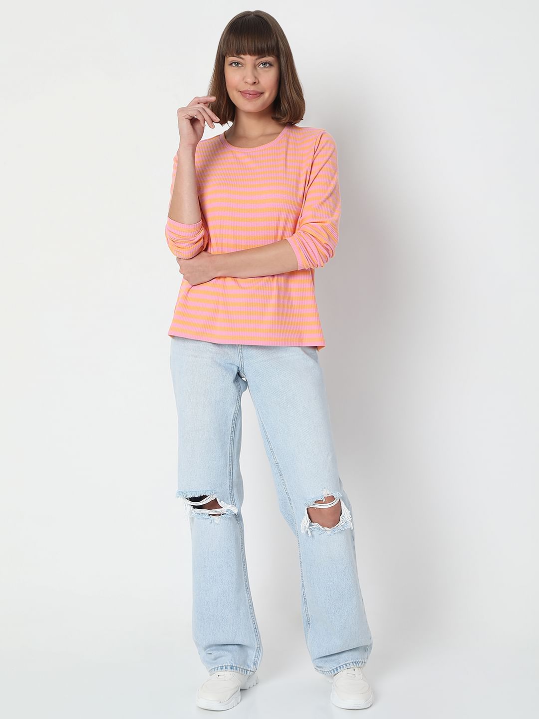 Pink Striped Full Sleeves T-Shirt
