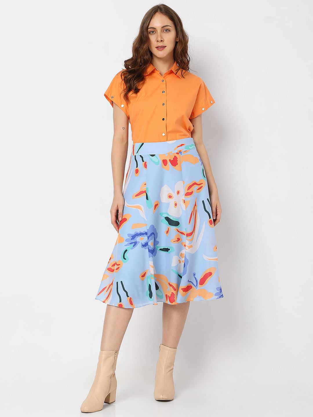 Blue Printed Midi Co-Ord Set Skirt