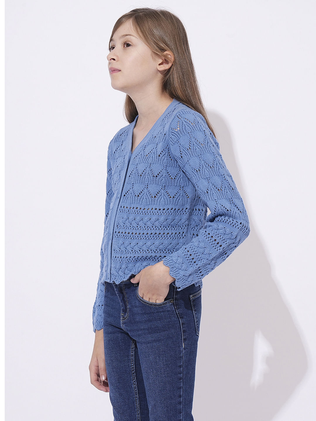 Girls Blue V-Neck Cardigan