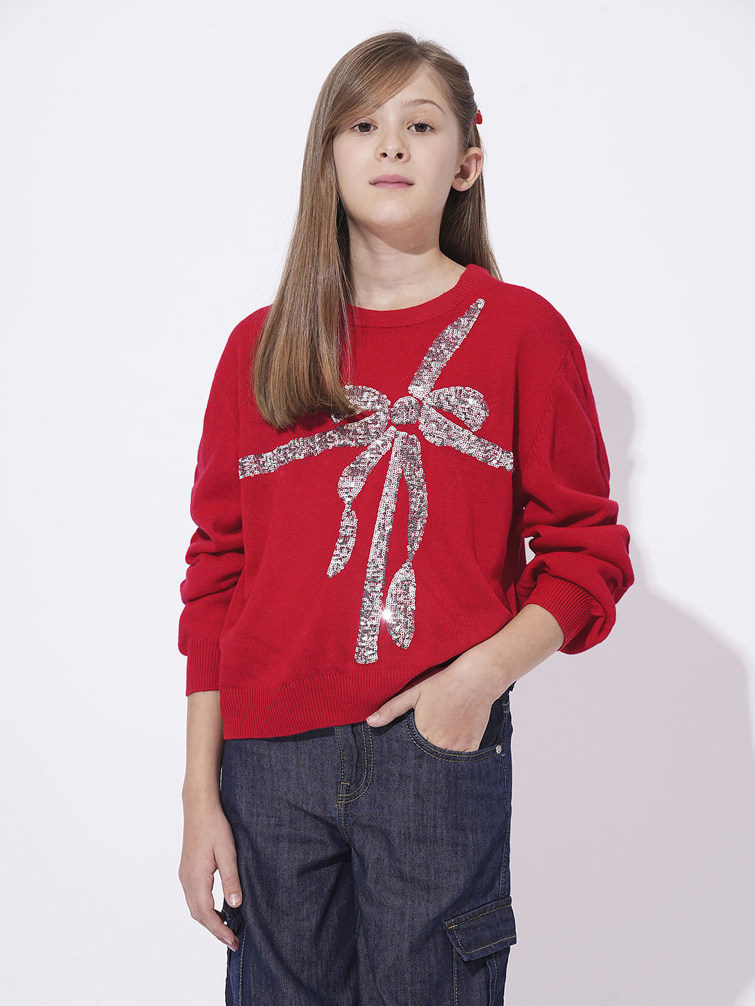 Girls Red Shimmer Knit Top