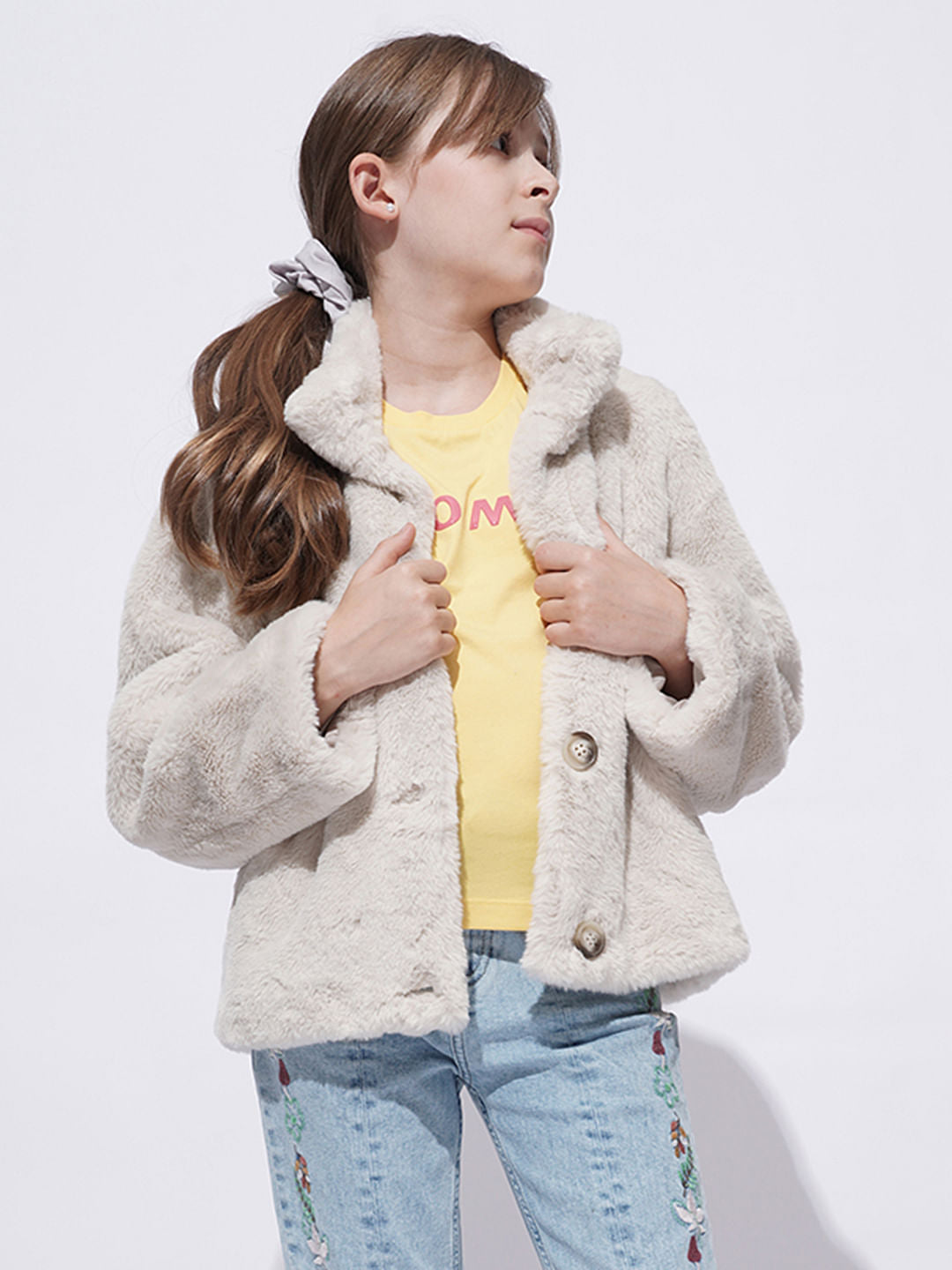 Girls Light Beige Faux Fur Short Jacket