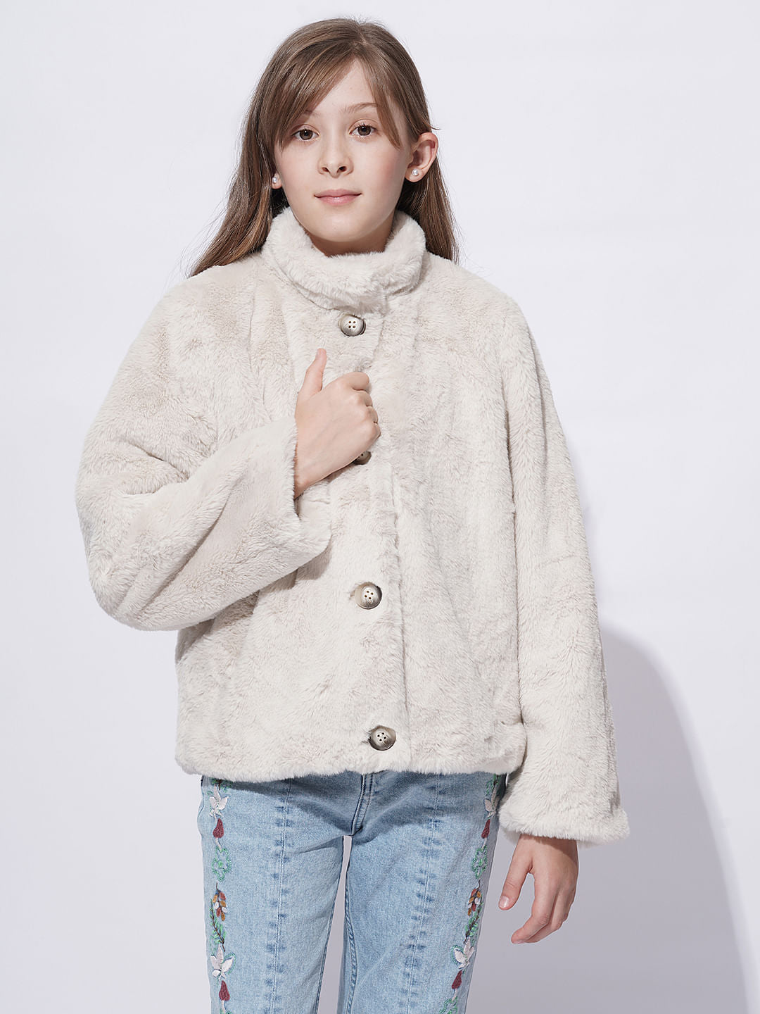 Girls Light Beige Faux Fur Short Jacket