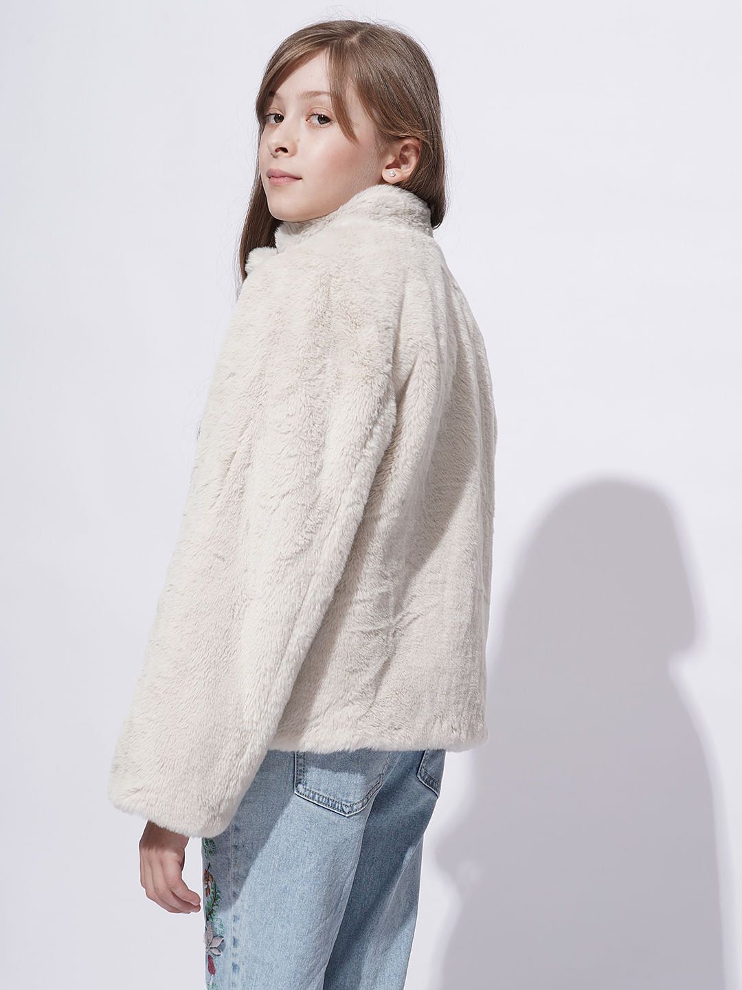 Girls Light Beige Faux Fur Short Jacket