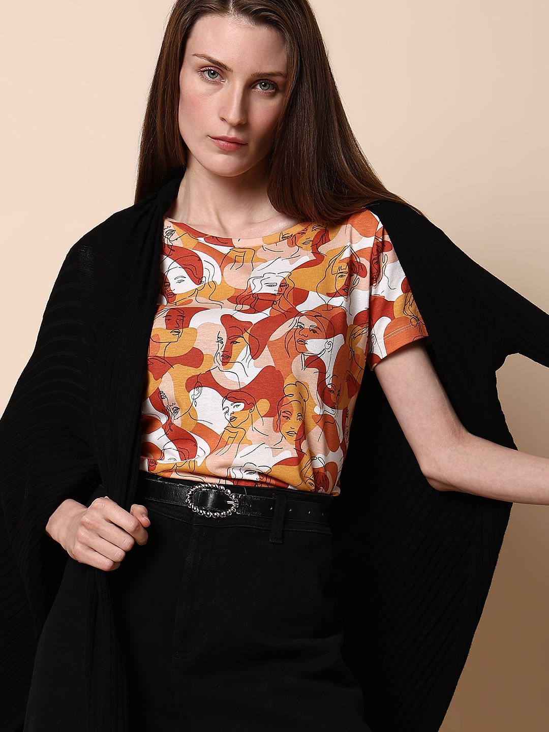 Rust Abstract Face Print T-Shirt - XS