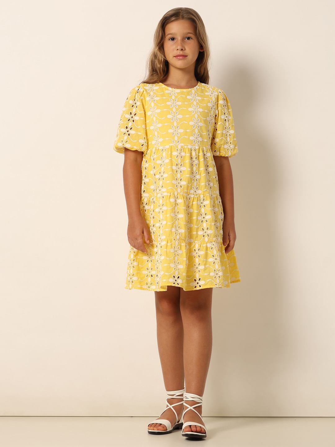 Yellow Schiffli Detail Fit & Flare Dress