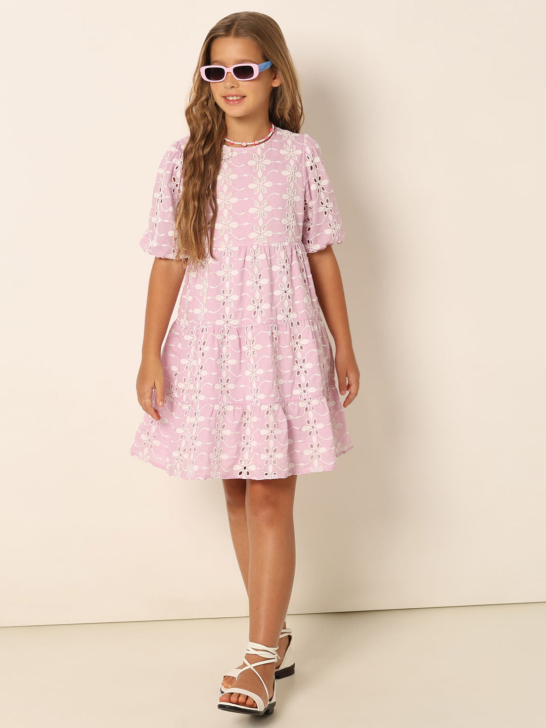 Purple Schiffli Detail Fit & Flare Dress - 4Y