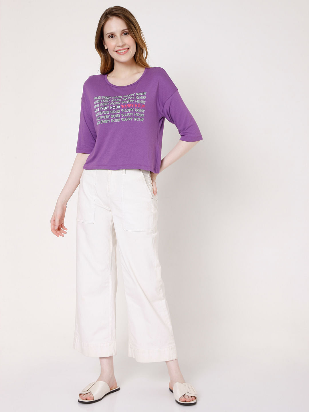 Purple Slogan Print Print T-Shirt