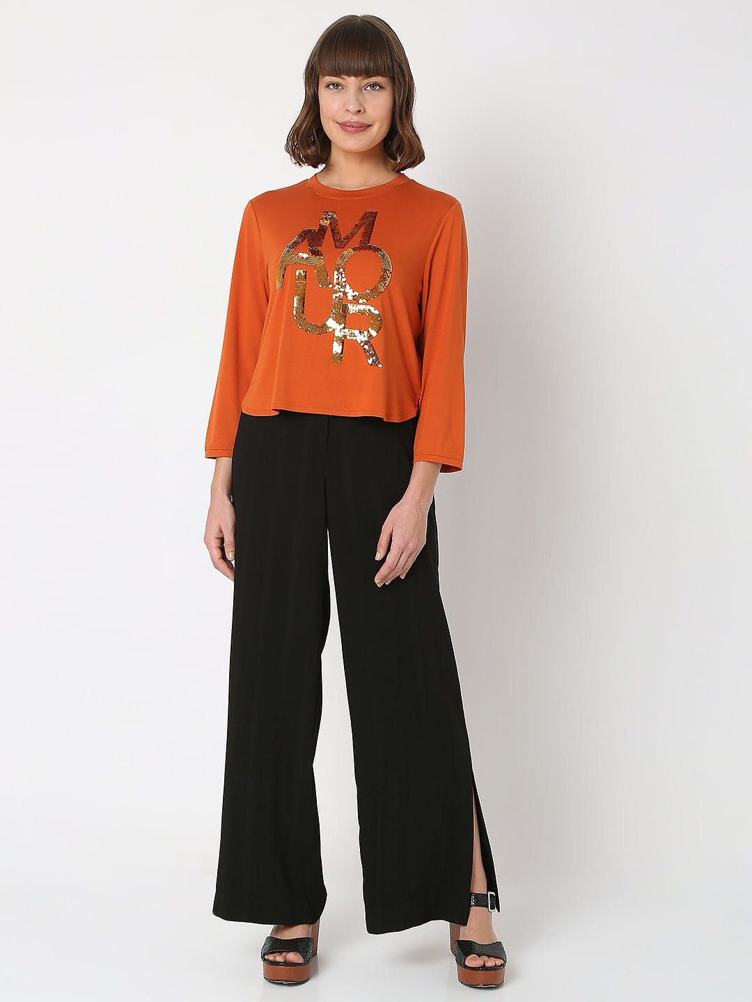 Brown Text Print T-Shirt