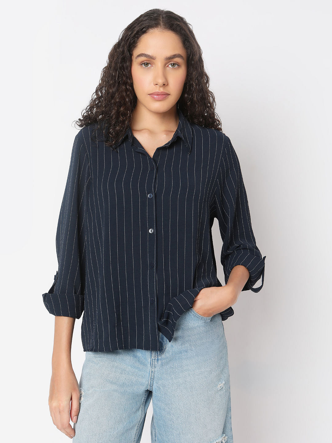 Navy Blue Striped Shirt