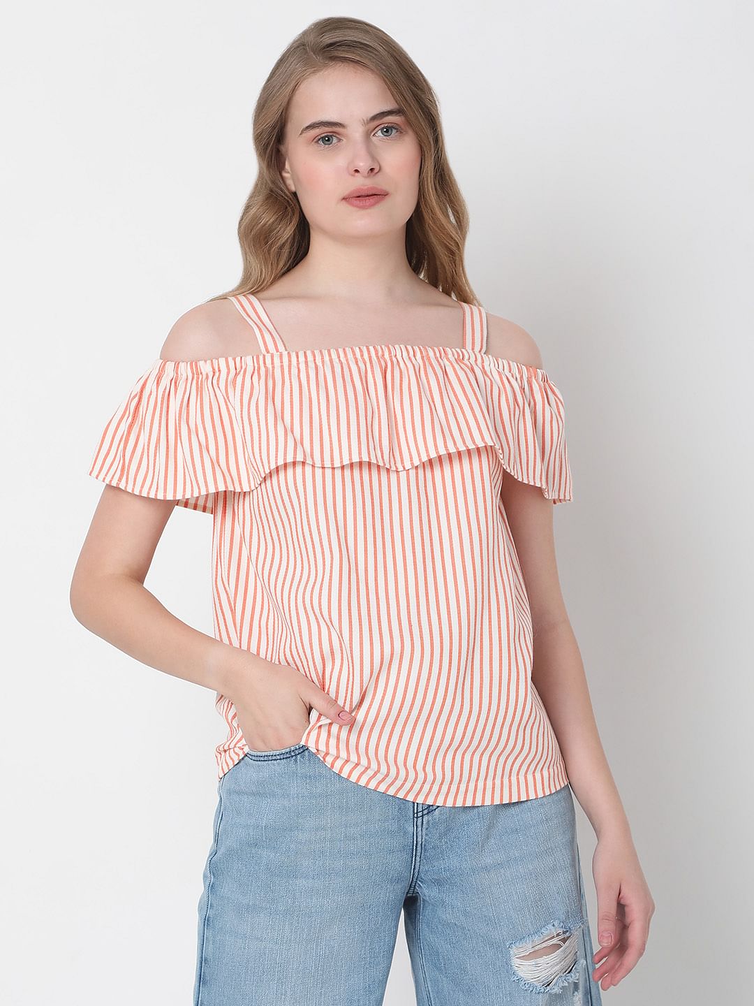 White Striped Off-Shoulder Co-Ord Set Top