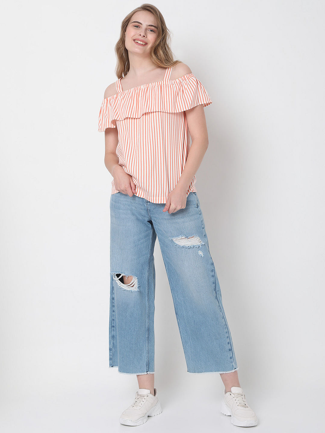 White Striped Off-Shoulder Co-Ord Set Top