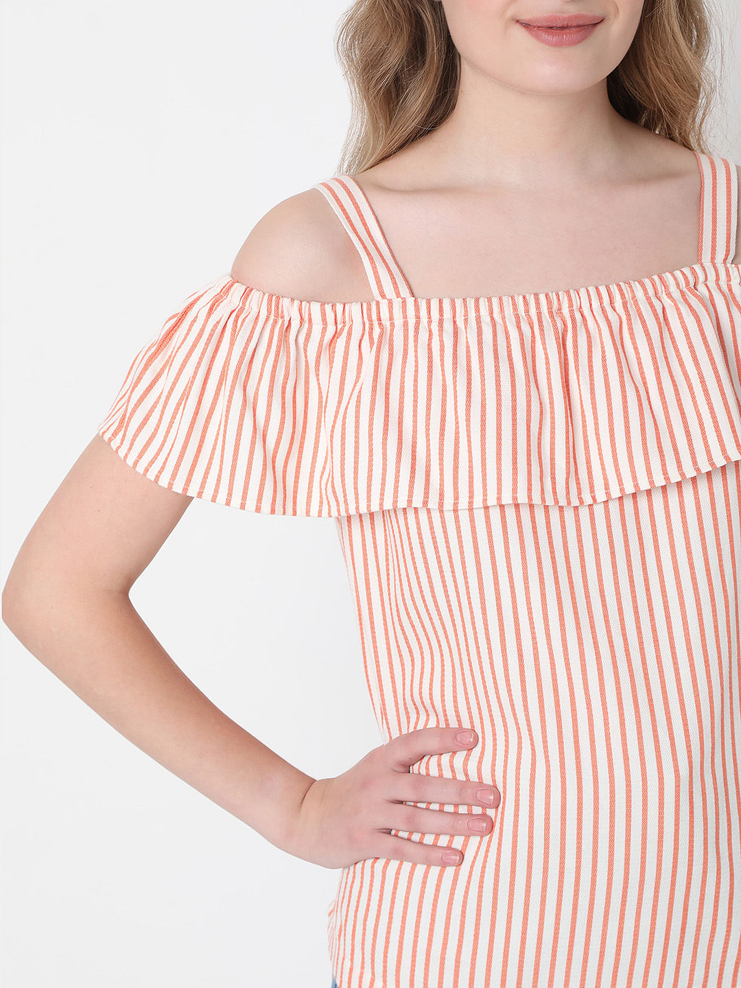 White Striped Off-Shoulder Co-Ord Set Top