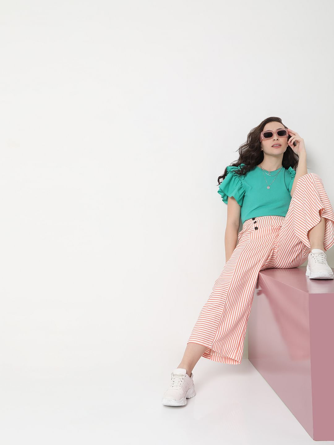 White Mid Rise Striped Co-Ord Set Pants