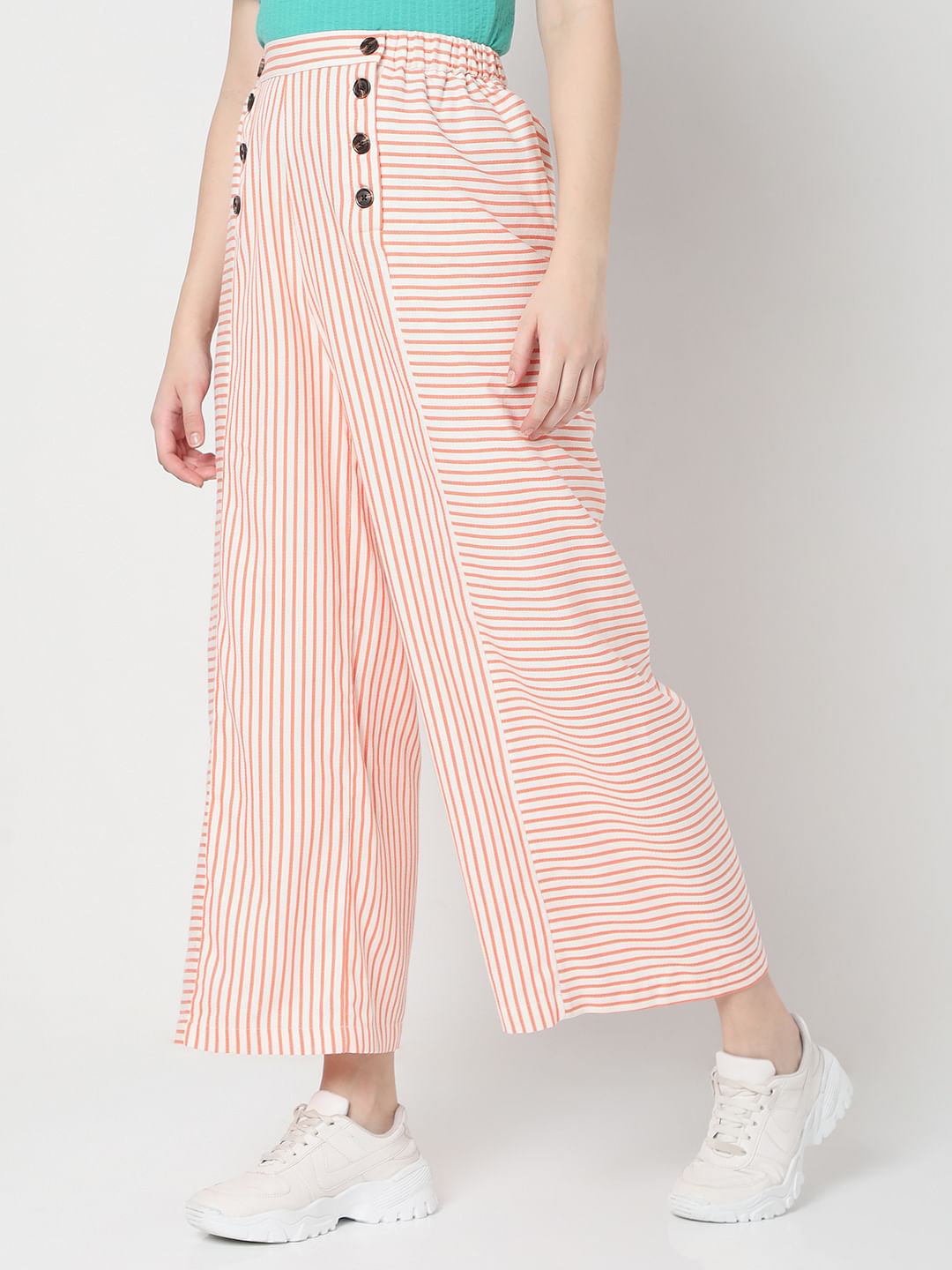 White Mid Rise Striped Co-Ord Set Pants
