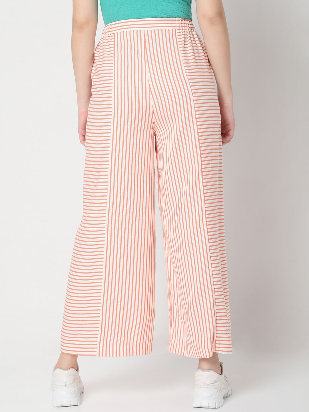 White Mid Rise Striped Co-Ord Set Pants