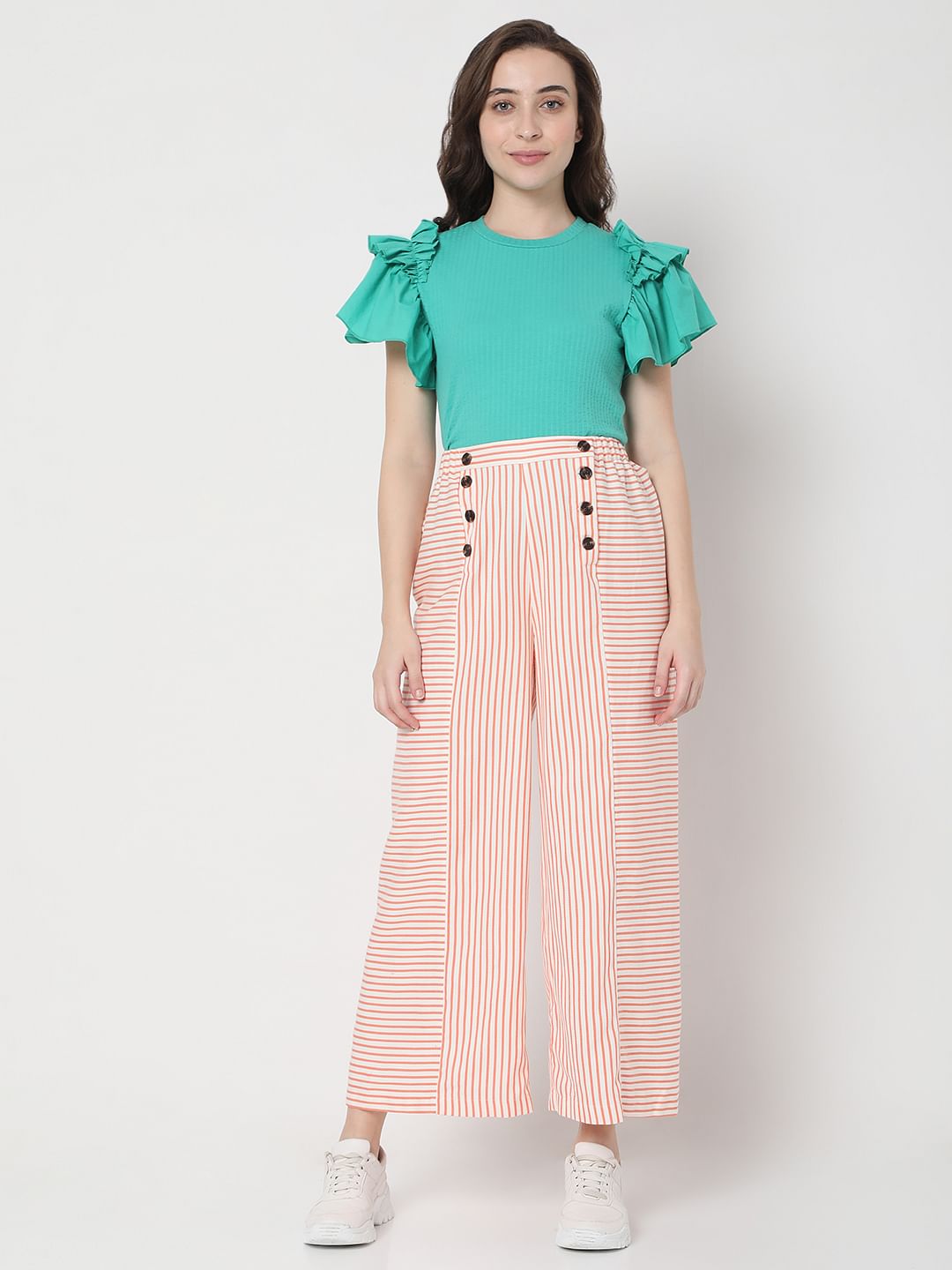 White Mid Rise Striped Co-Ord Set Pants