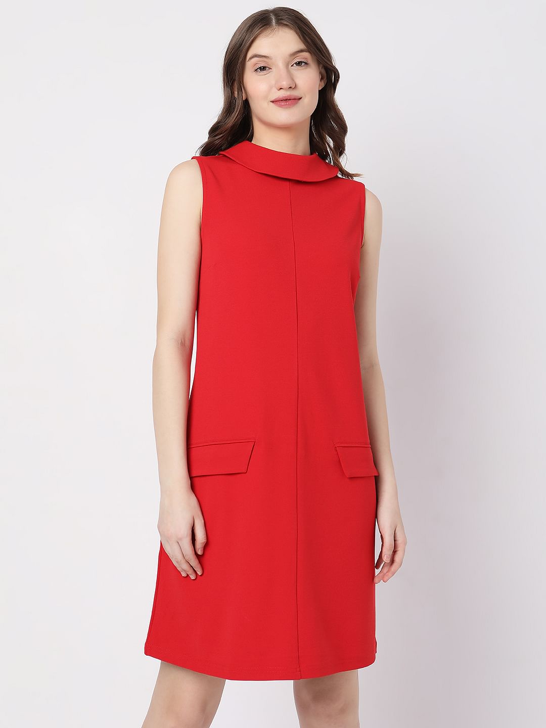 Red High Neck Shift Dress
