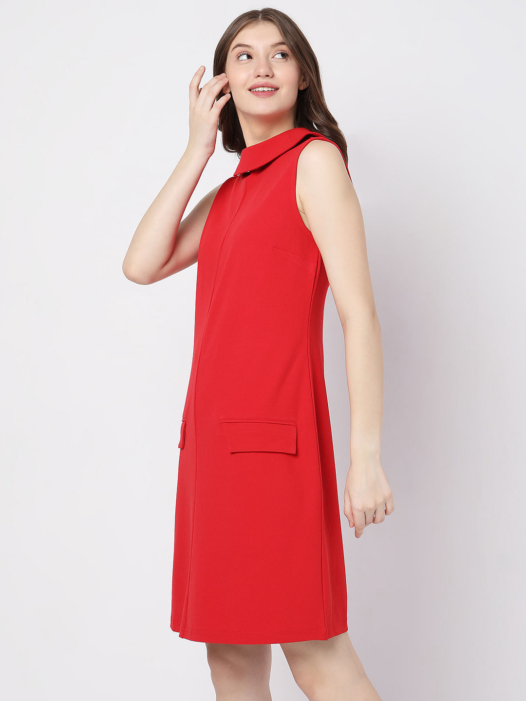 Red High Neck Shift Dress