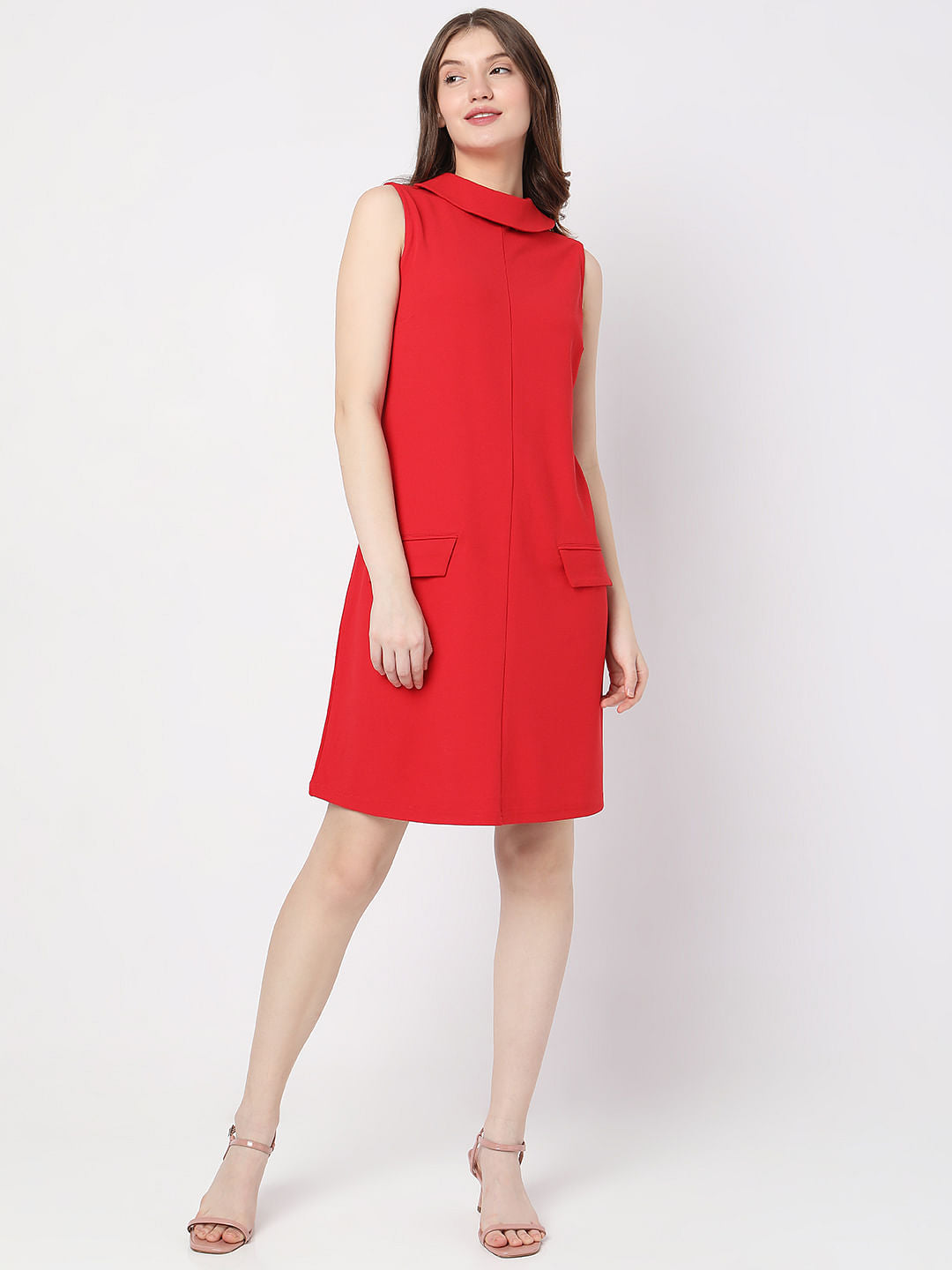 Red High Neck Shift Dress
