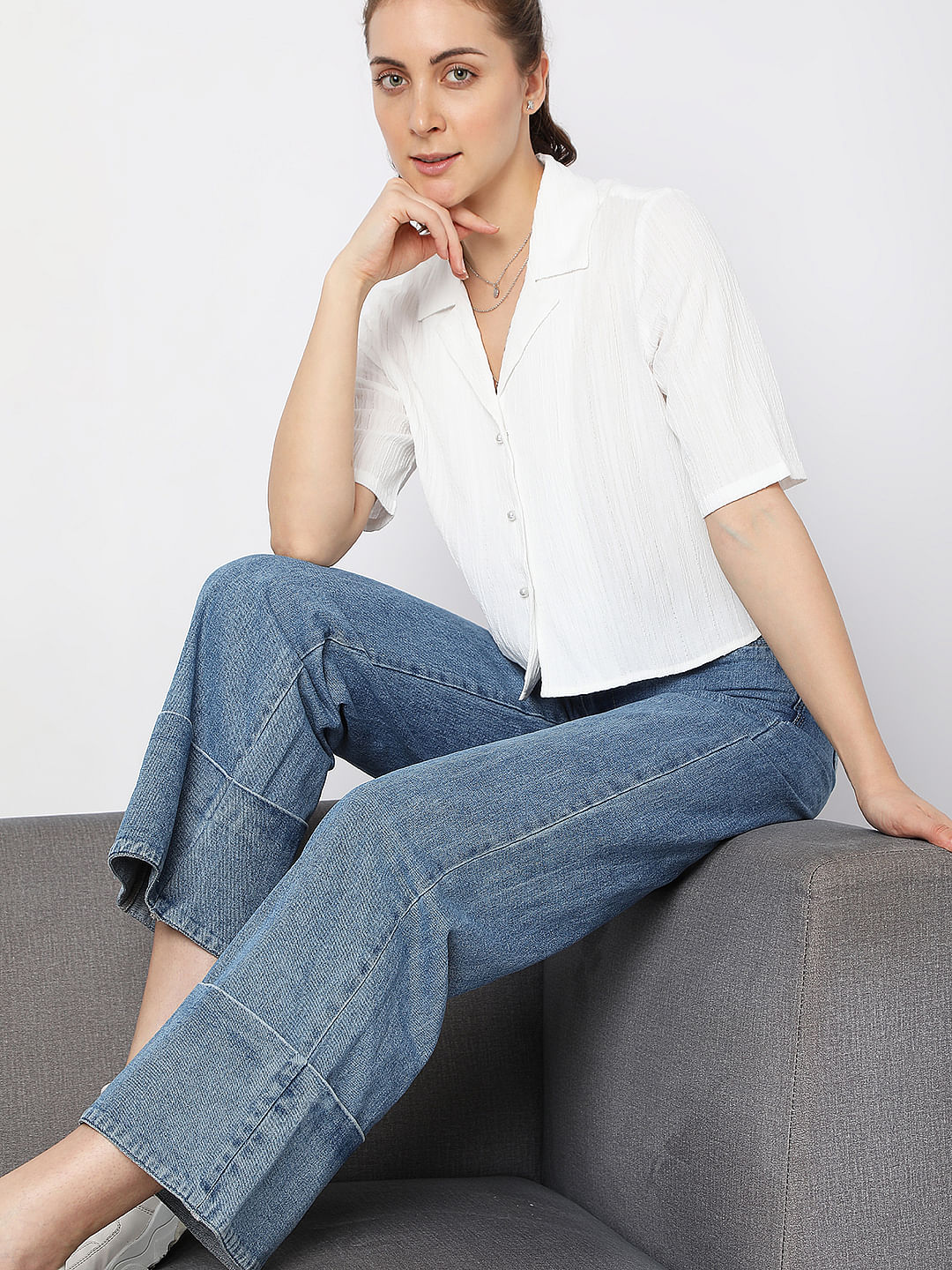 White Textured Crop Shirt