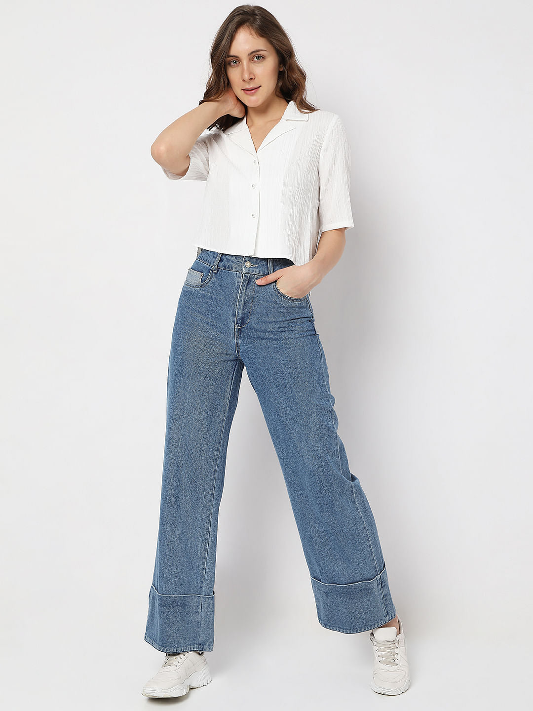 White Textured Crop Shirt