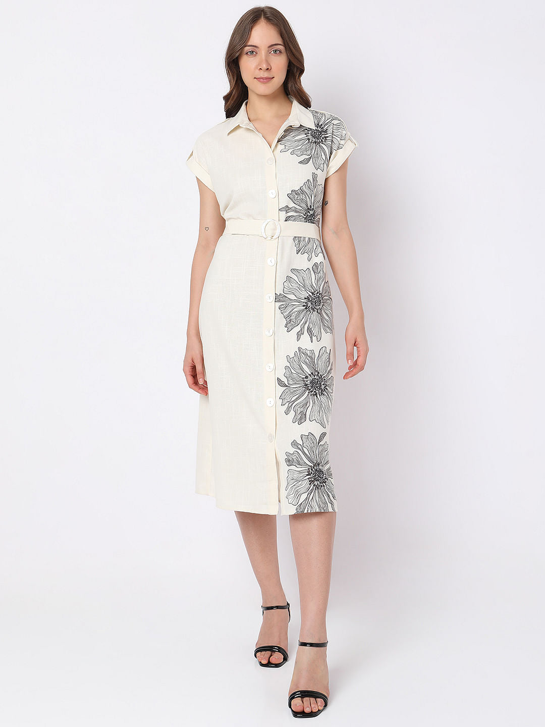 Beige Floral Print Midi Shirt Dress