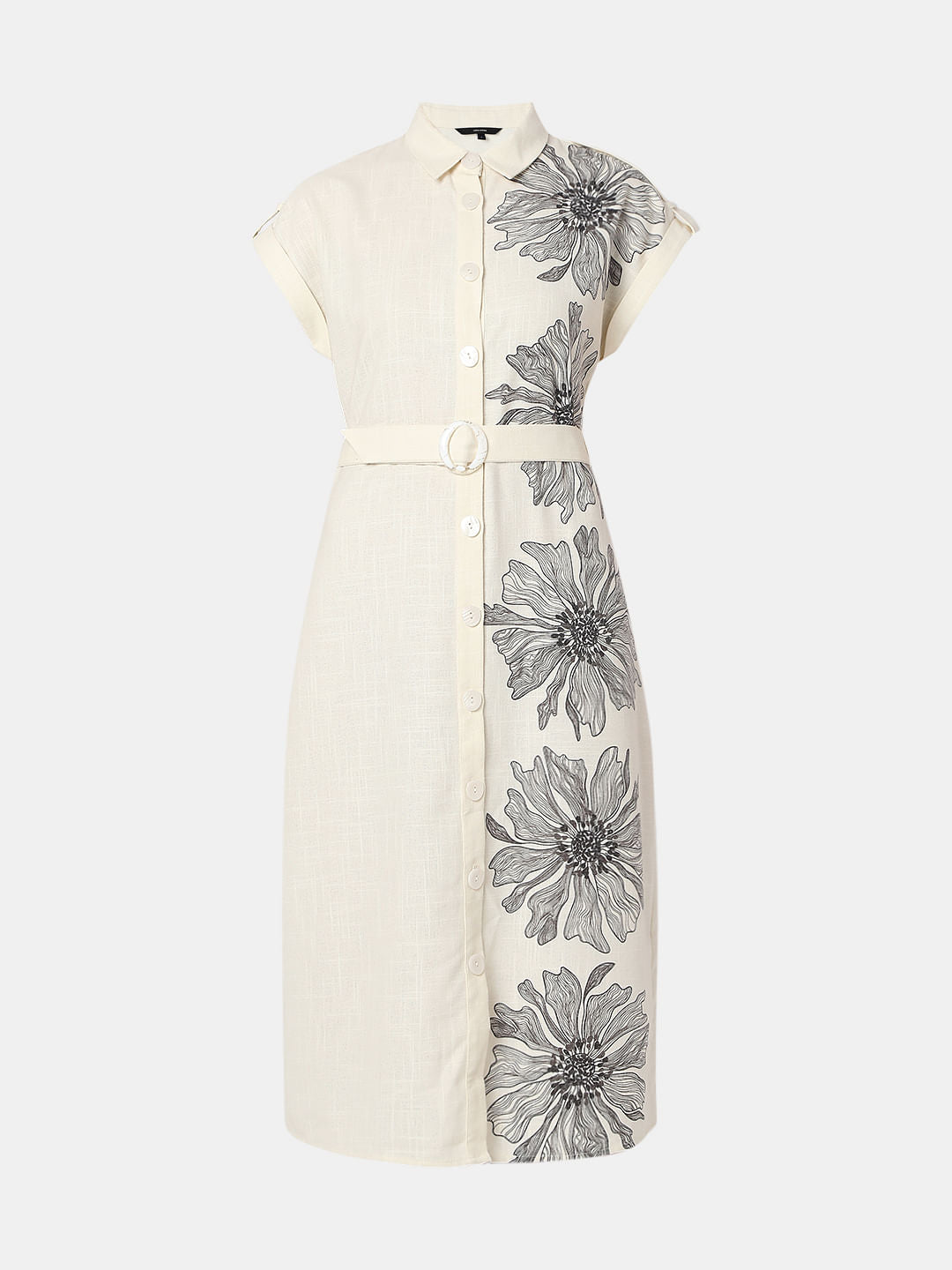 Beige Floral Print Midi Shirt Dress