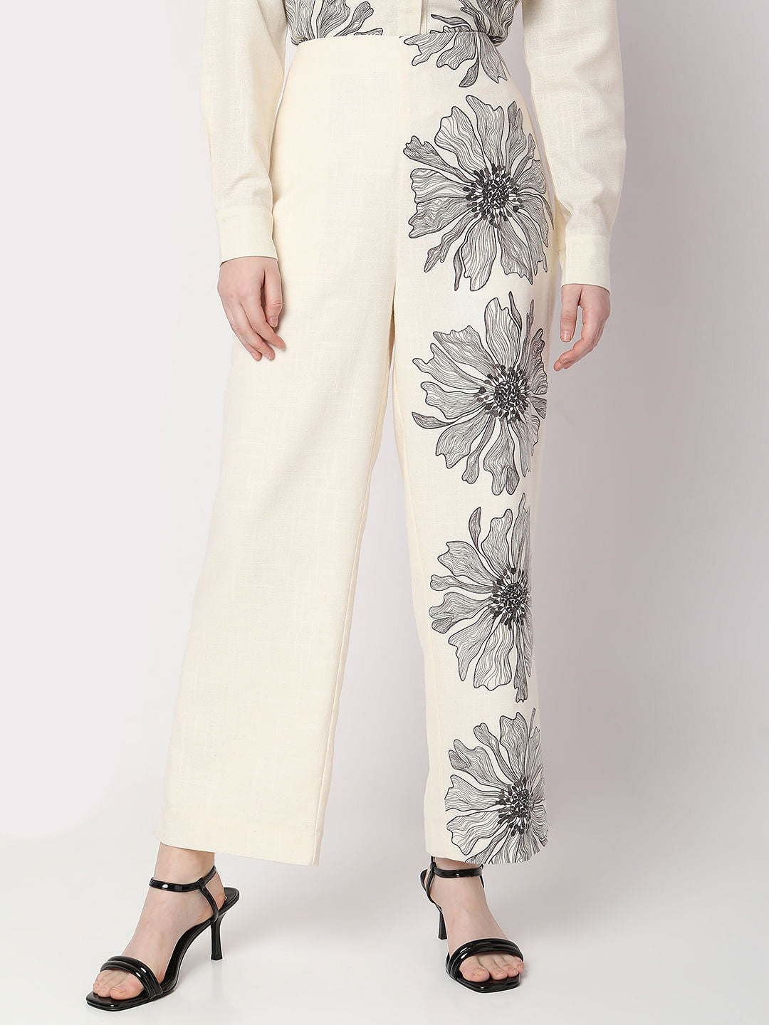 Beige High Rise Floral Co-Ord Pants