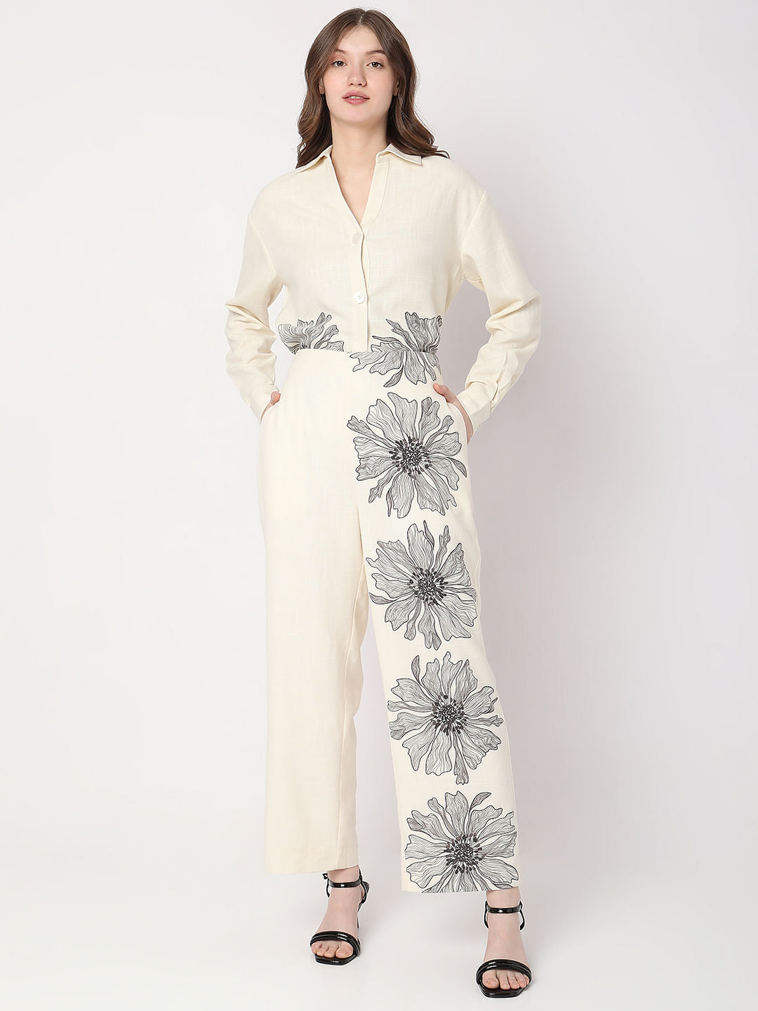Beige High Rise Floral Co-Ord Pants