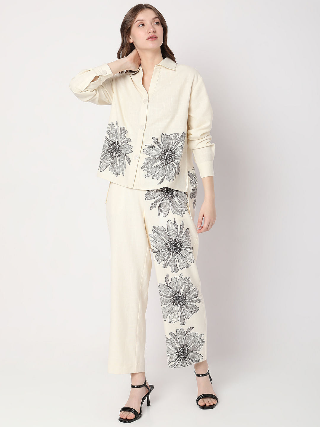 Beige Floral Co-Ord Shirt