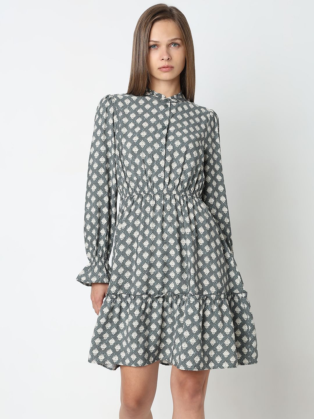 Grey Printed Frill Short Dress