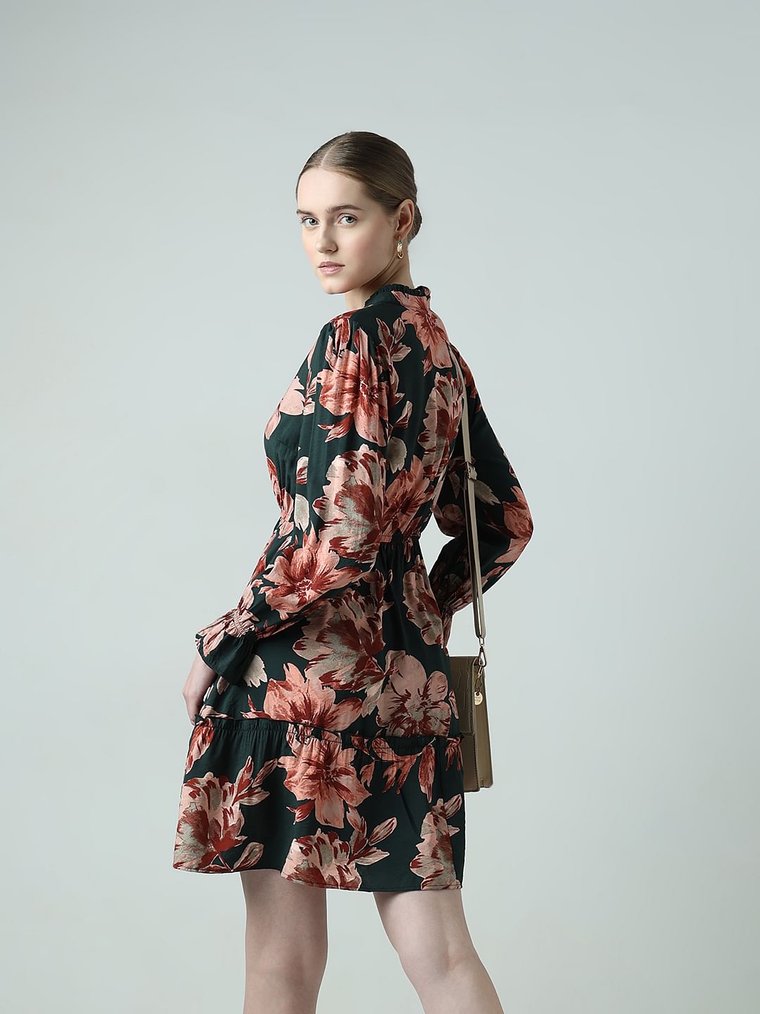Green Floral Print Short Frill Dress