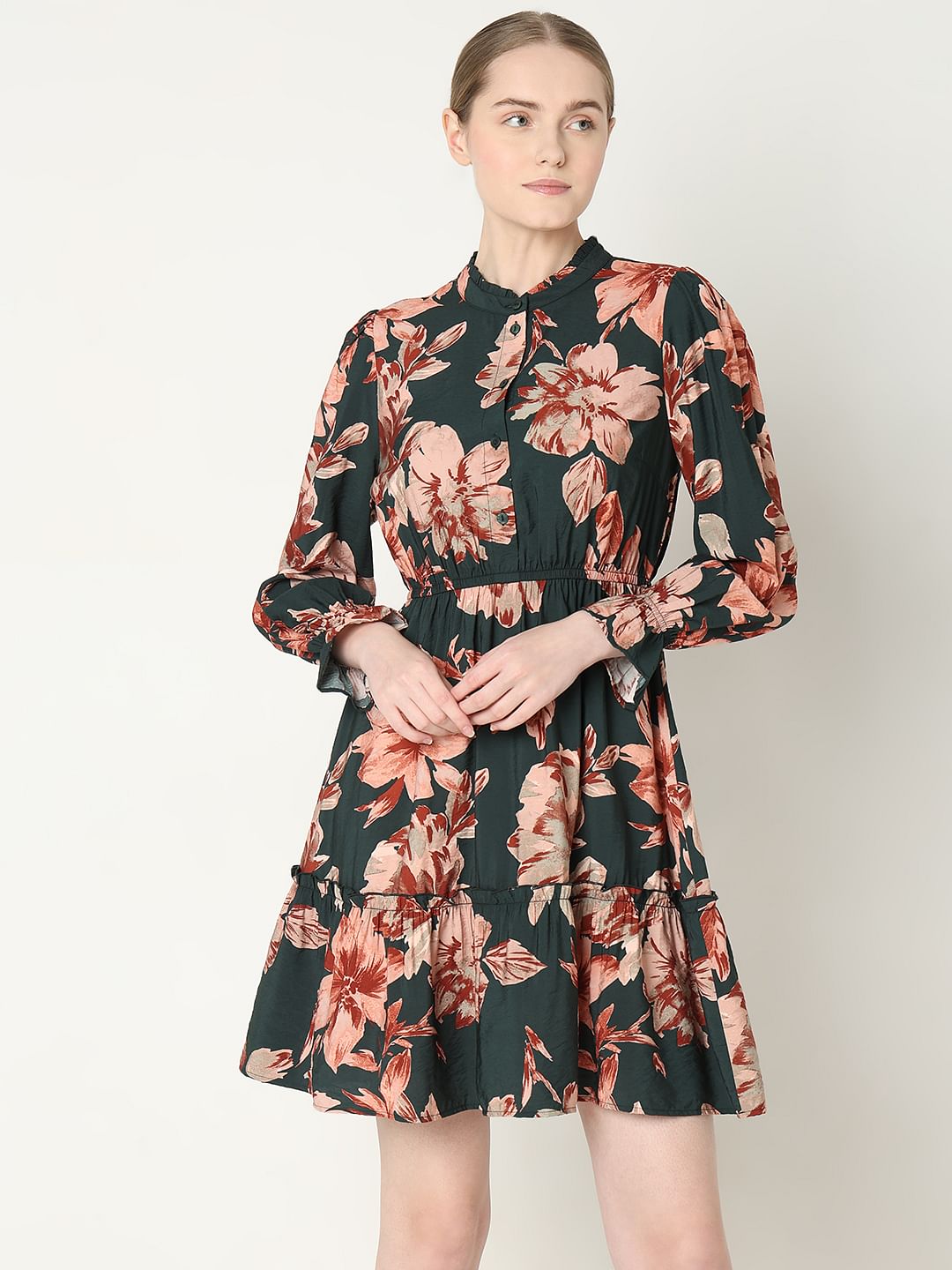 Green Floral Print Short Frill Dress