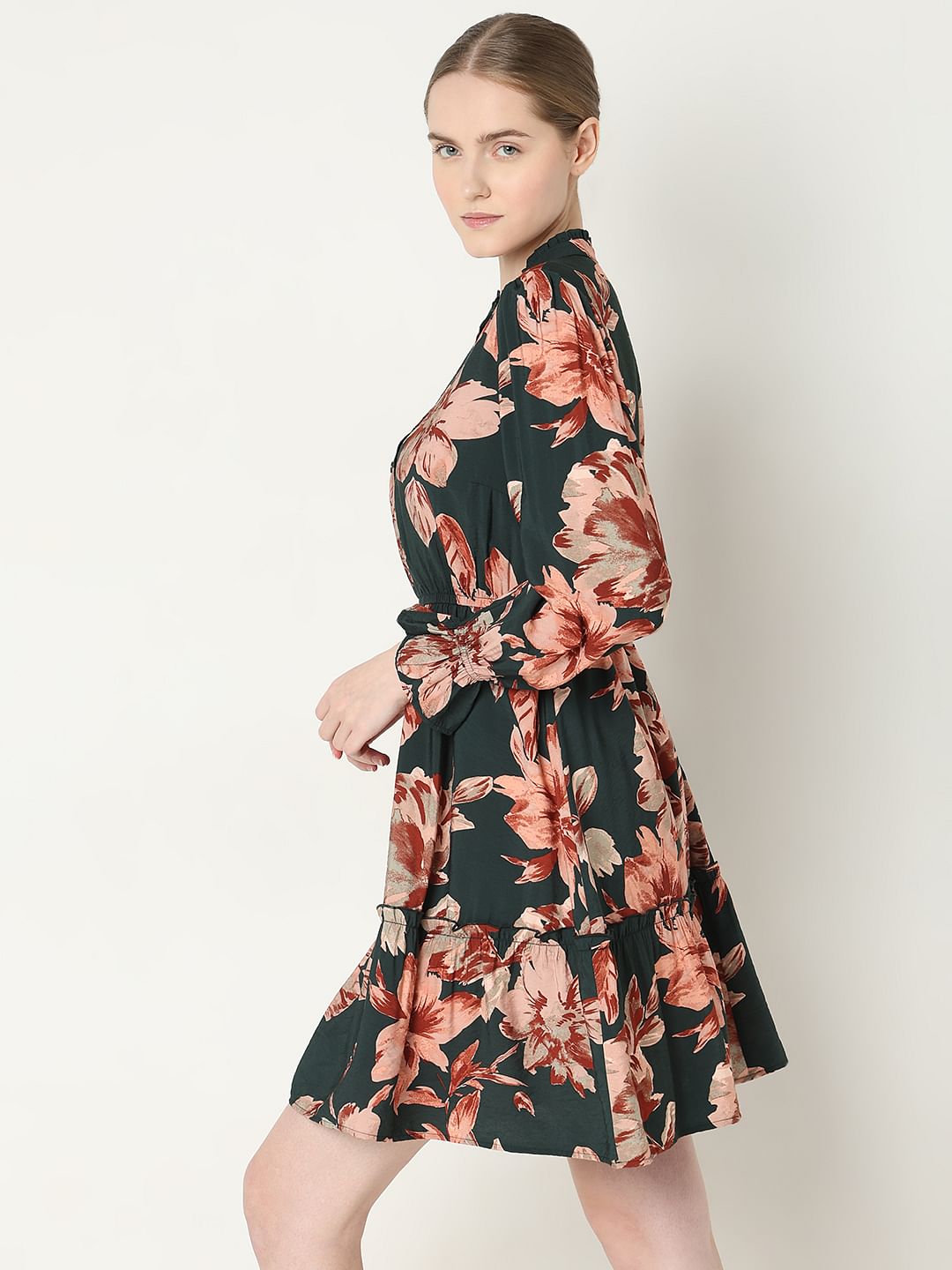 Green Floral Print Short Frill Dress