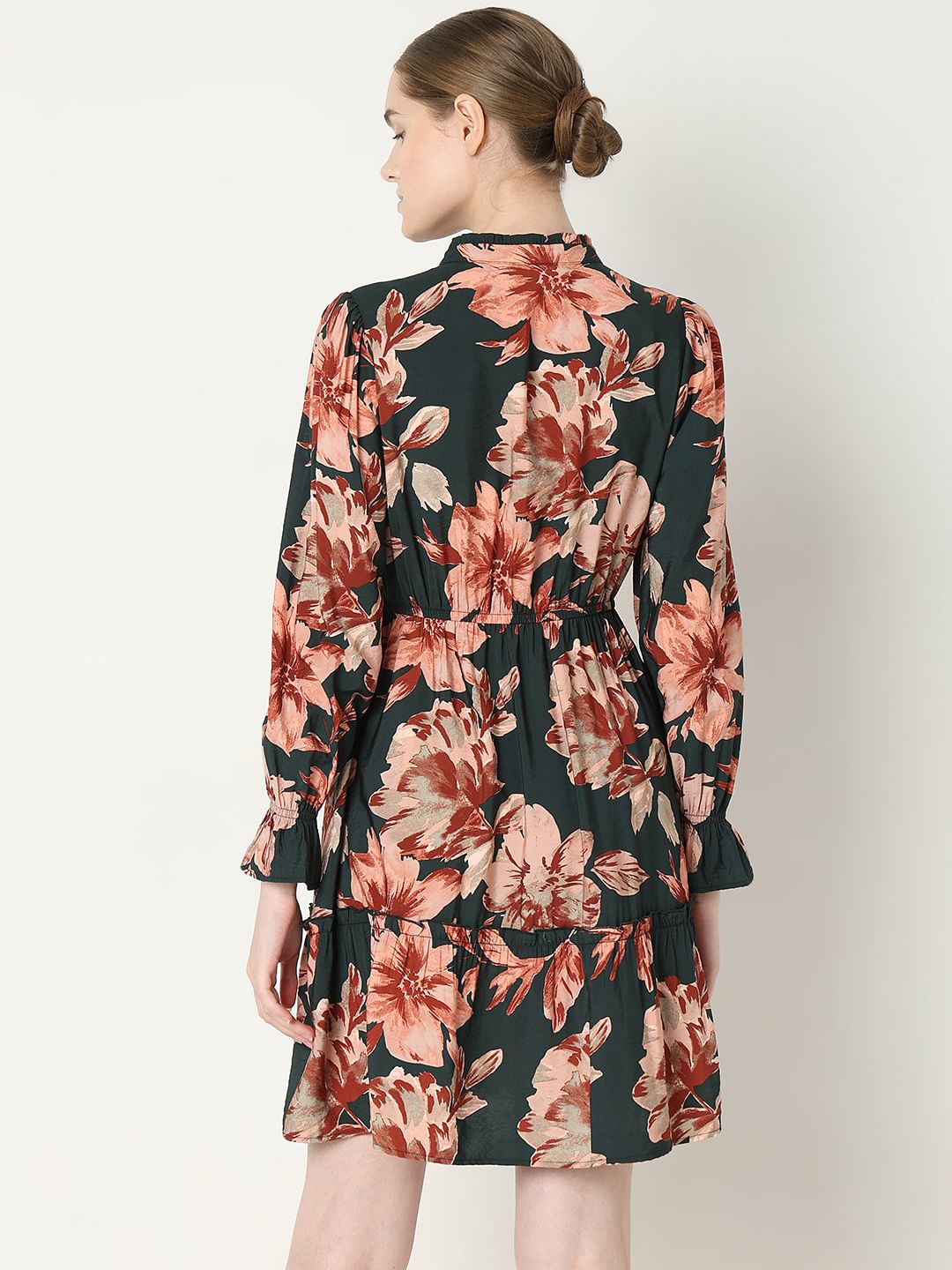 Green Floral Print Short Frill Dress